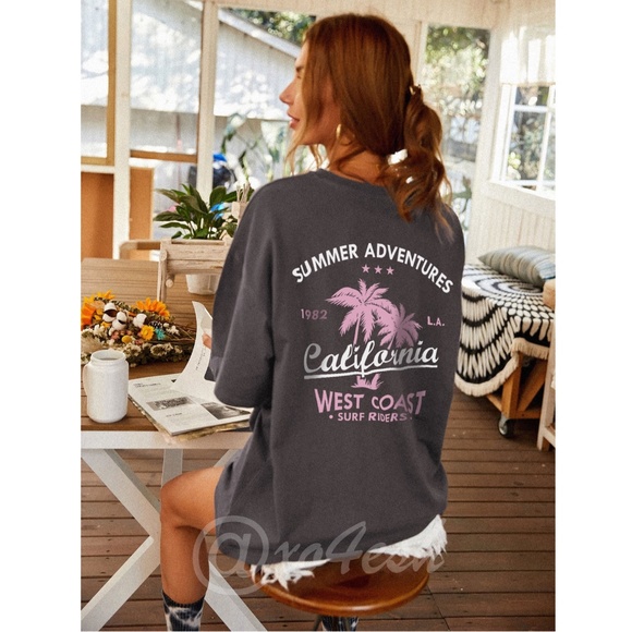 Oversized Tee Shirt Tropical Print Grey California Slogan - Picture 1 of 7